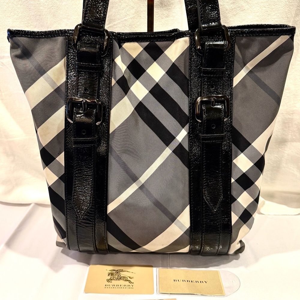 Burberry Beat Check Victoria Tote with Patent Leather Trim